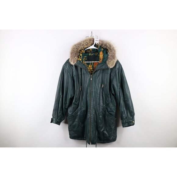 Vintage 90s Streetwear Womens Medium Coyote Fur Trim Hooded Cape Leather Jacket